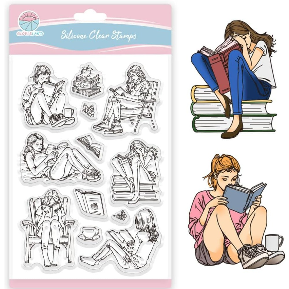 Lady and Books Clear Stamps Bo - Rubber Stamp Blank 评论和价格