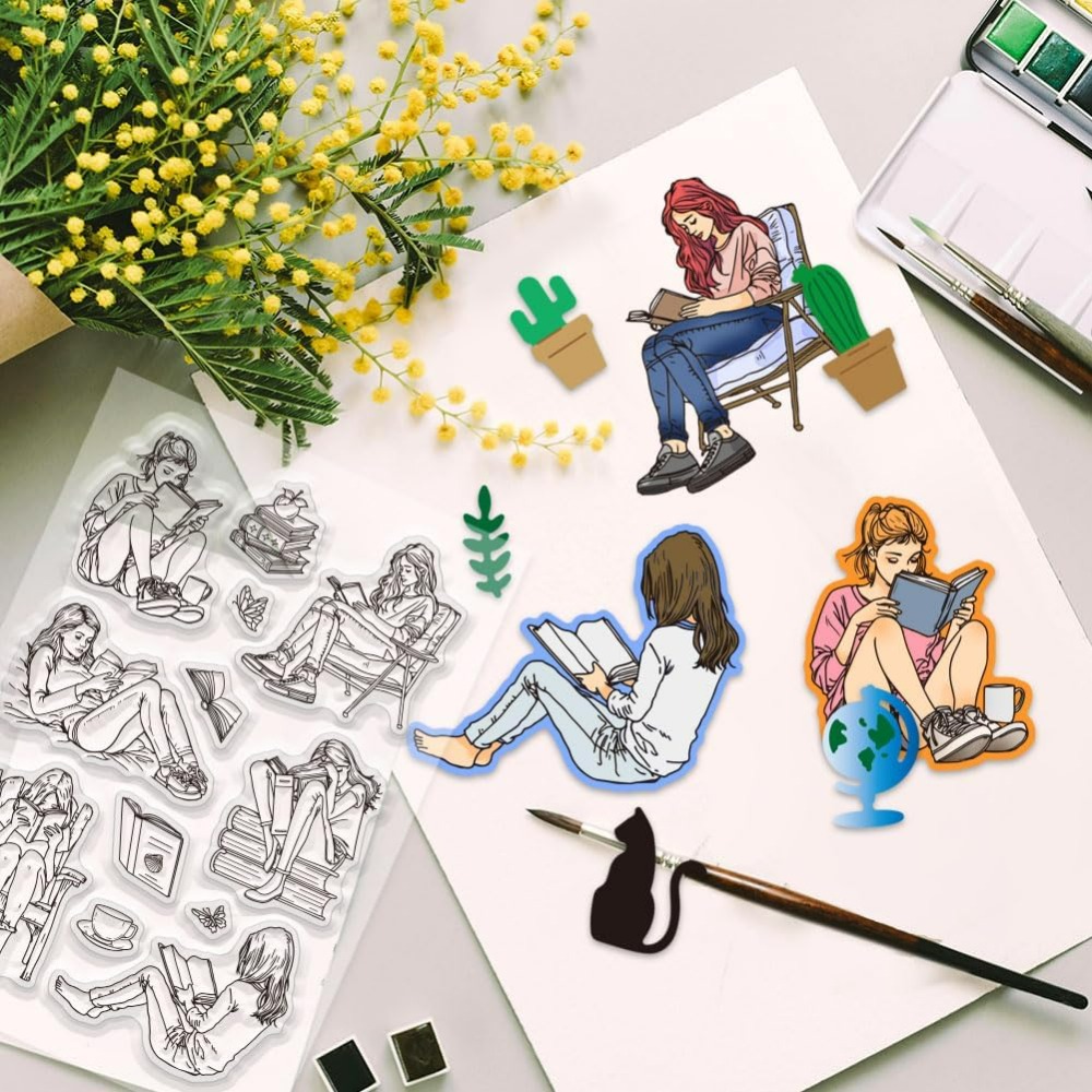 Lady and Books Clear Stamps Bo - Rubber Stamp Blank 评论和价格